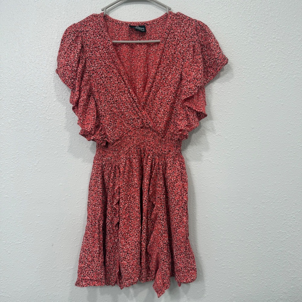 Angie Women Coral Red Abstract Print Smocked Waist Ruffle Sleeve Mini Dress S